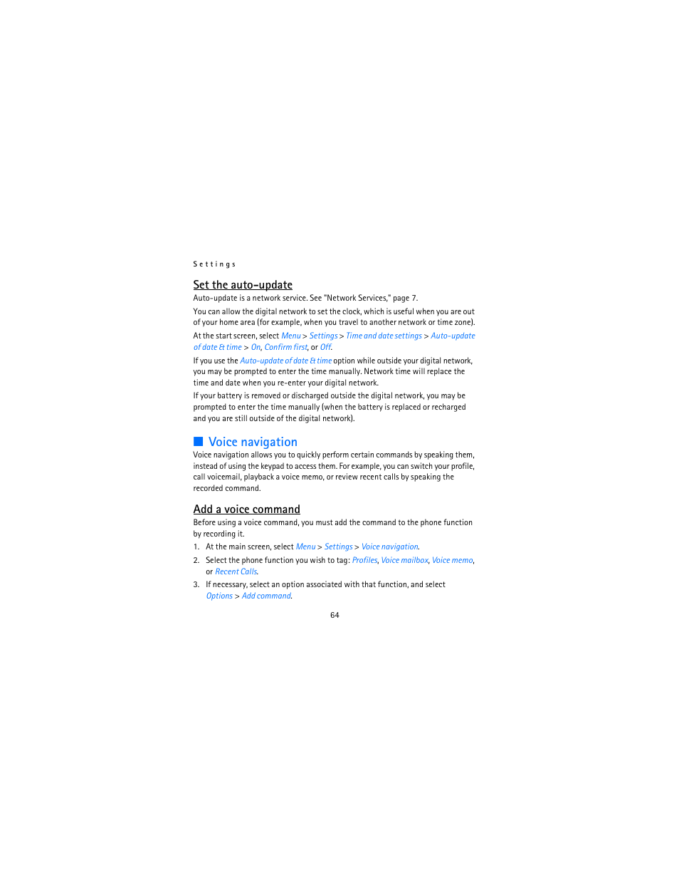 Voice navigation, Set the auto-update, Add a voice command | Nokia 2115i User Manual | Page 65 / 121