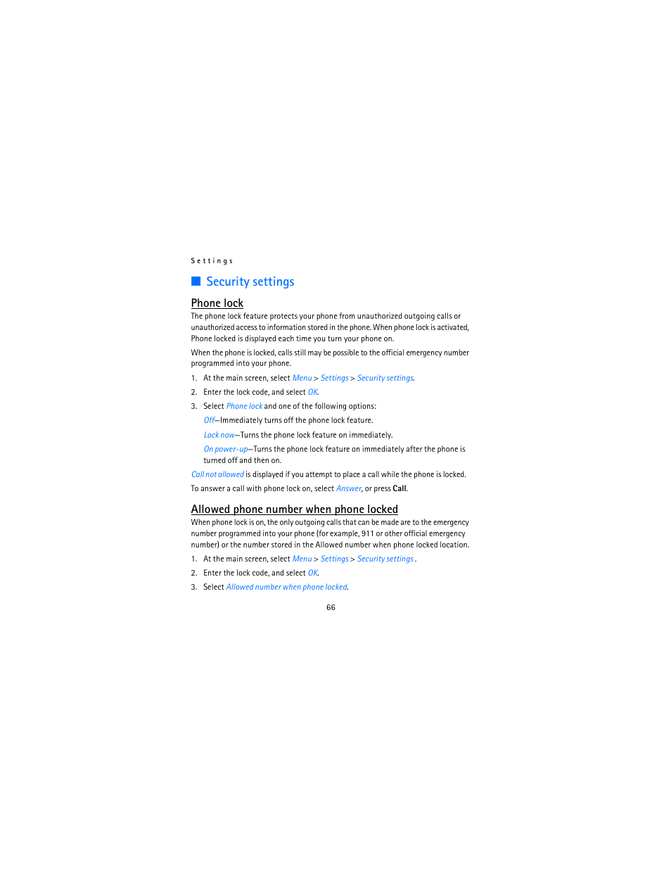 Security settings, Phone lock, Allowed phone number when phone locked | Nokia 2115i User Manual | Page 67 / 121