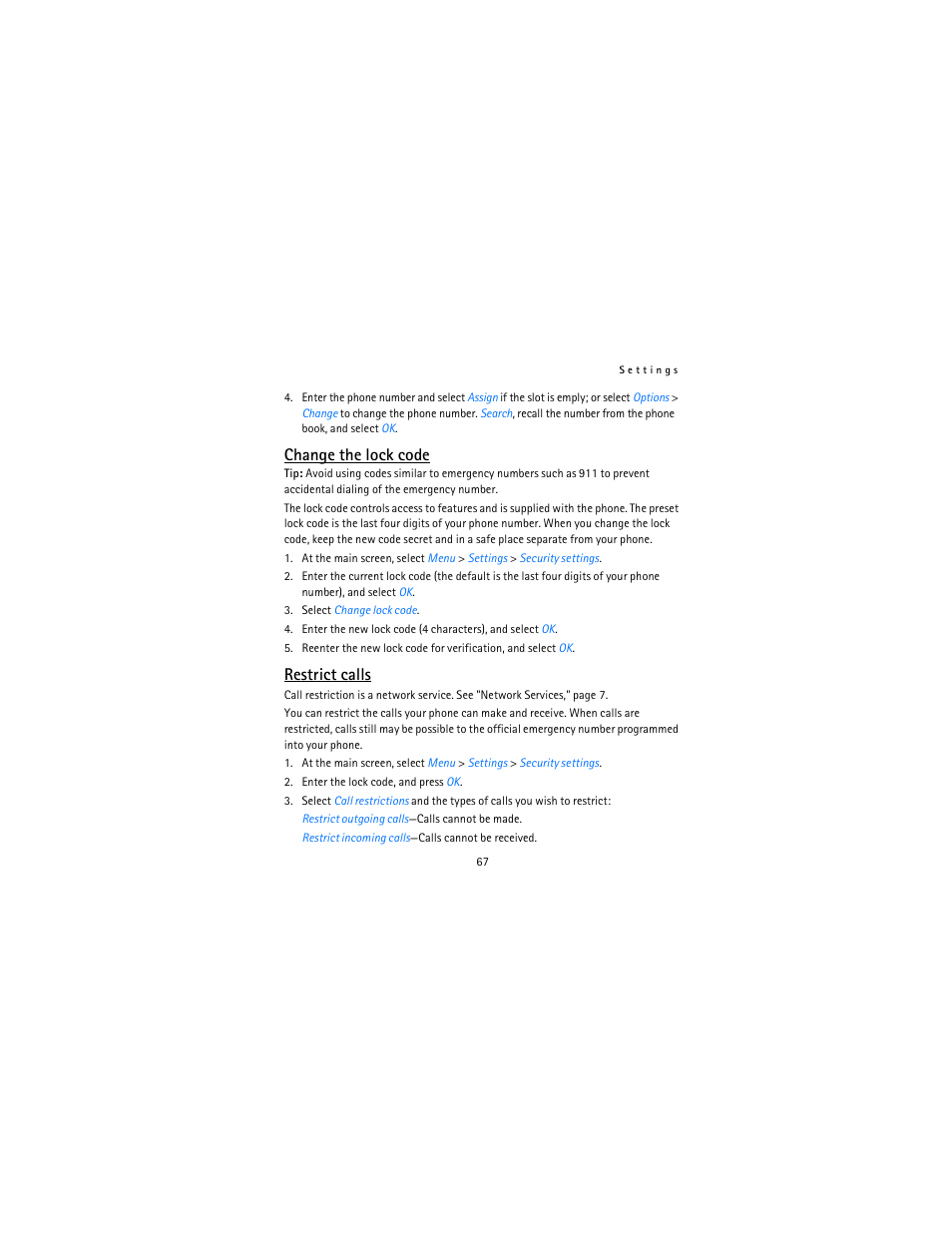 Change the lock code, Restrict calls | Nokia 2115i User Manual | Page 68 / 121