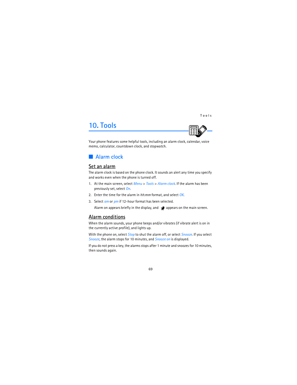 Tools, Alarm clock, Set an alarm | Alarm conditions | Nokia 2115i User Manual | Page 70 / 121