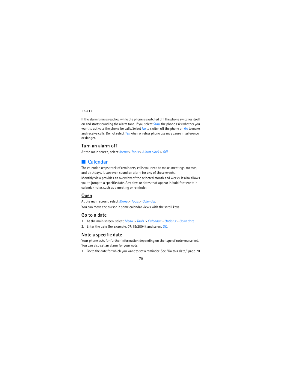 Calendar, Turn an alarm off, Open | Go to a date | Nokia 2115i User Manual | Page 71 / 121