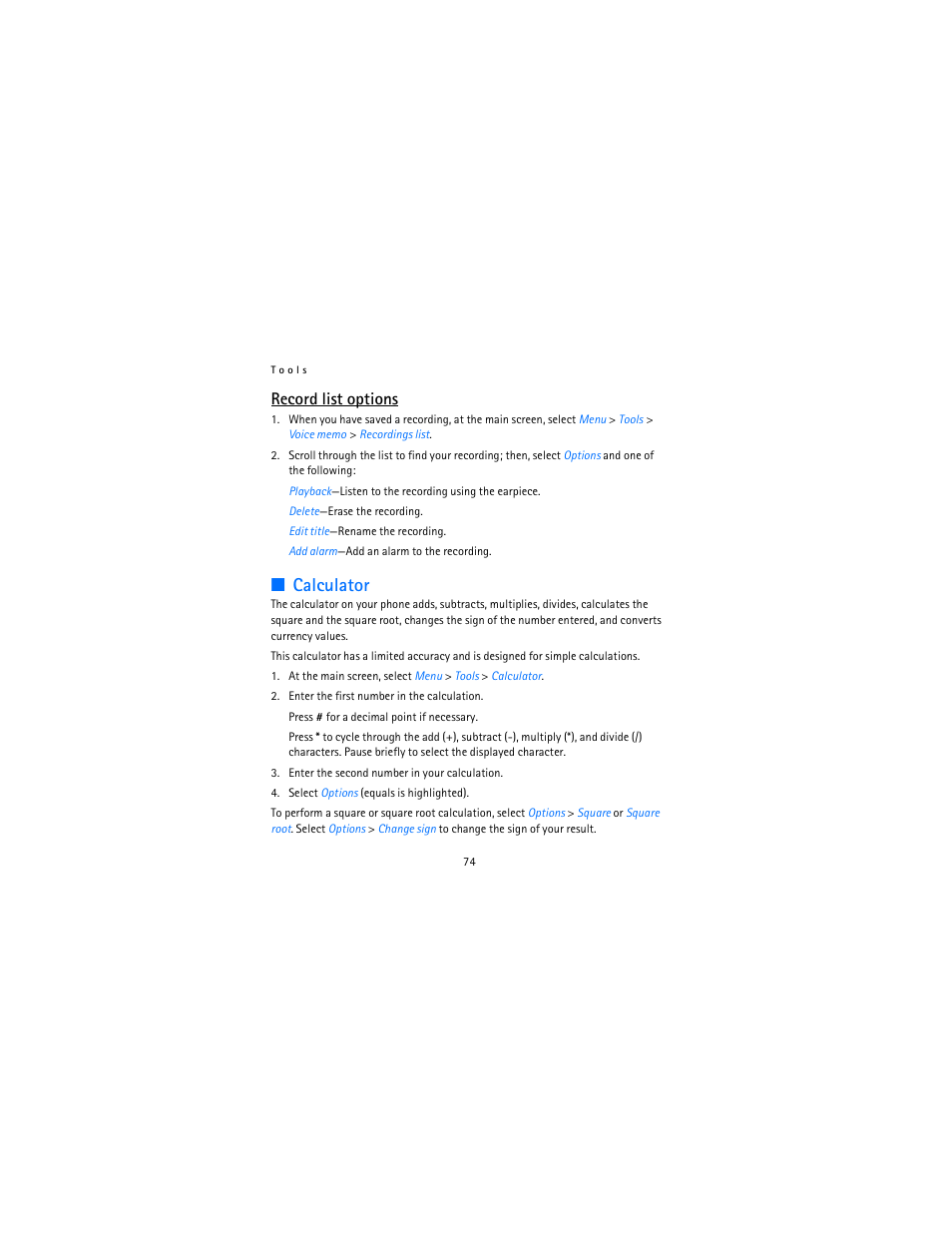 Calculator, Record list options | Nokia 2115i User Manual | Page 75 / 121