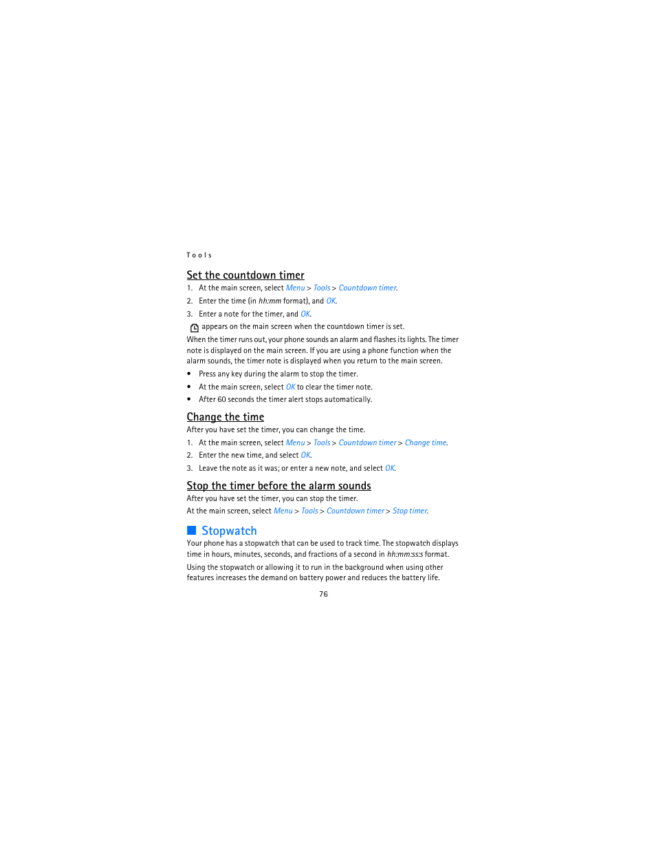Stopwatch, Set the countdown timer, Change the time | Stop the timer before the alarm sounds | Nokia 2115i User Manual | Page 77 / 121