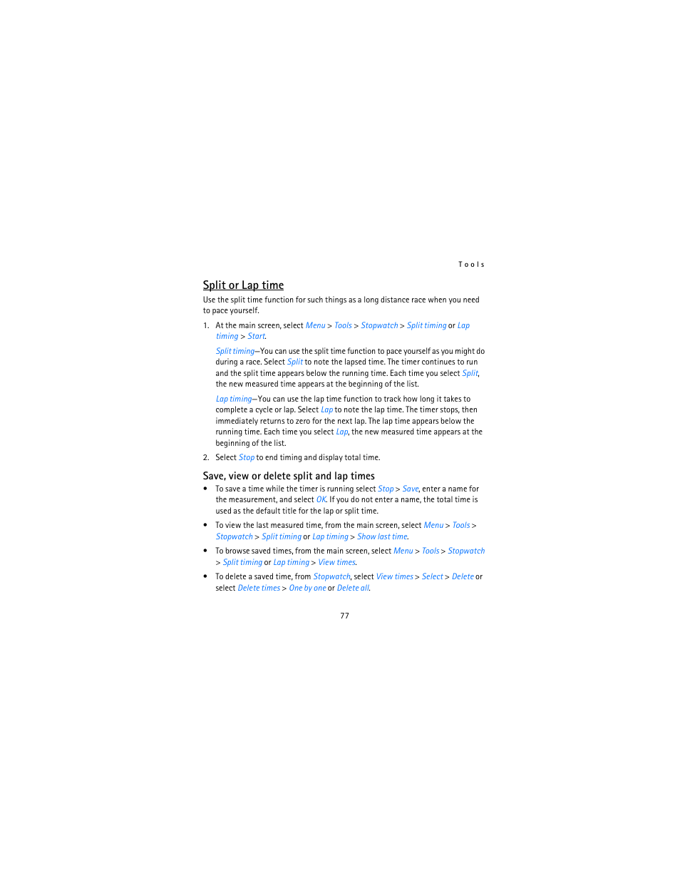 Split or lap time | Nokia 2115i User Manual | Page 78 / 121