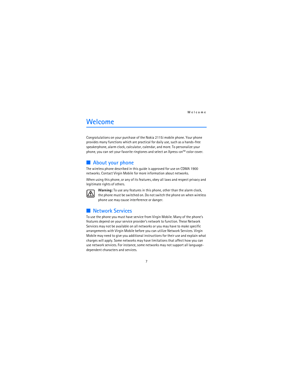 Welcome, About your phone, Network services | Nokia 2115i User Manual | Page 8 / 121