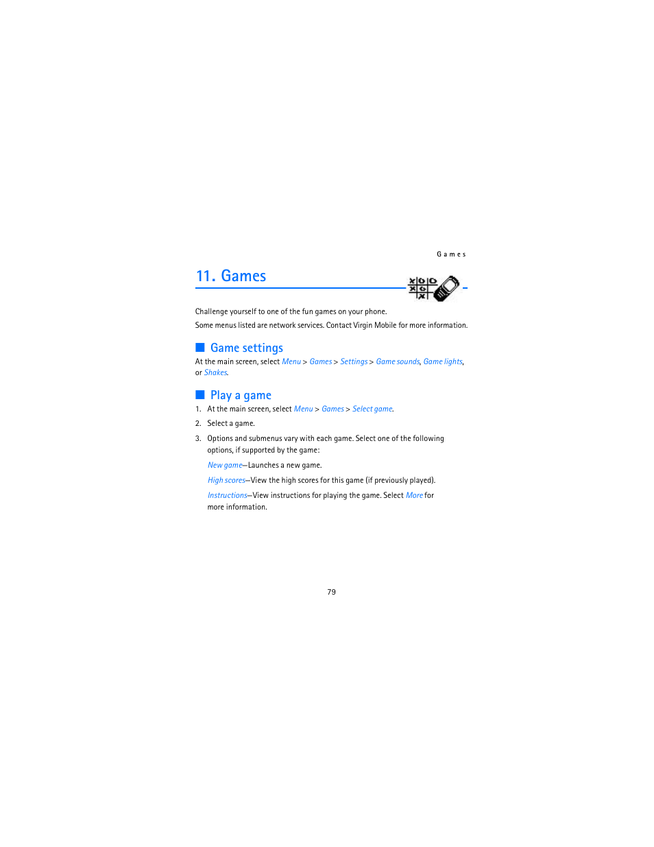 Games, Game settings, Play a game | Nokia 2115i User Manual | Page 80 / 121