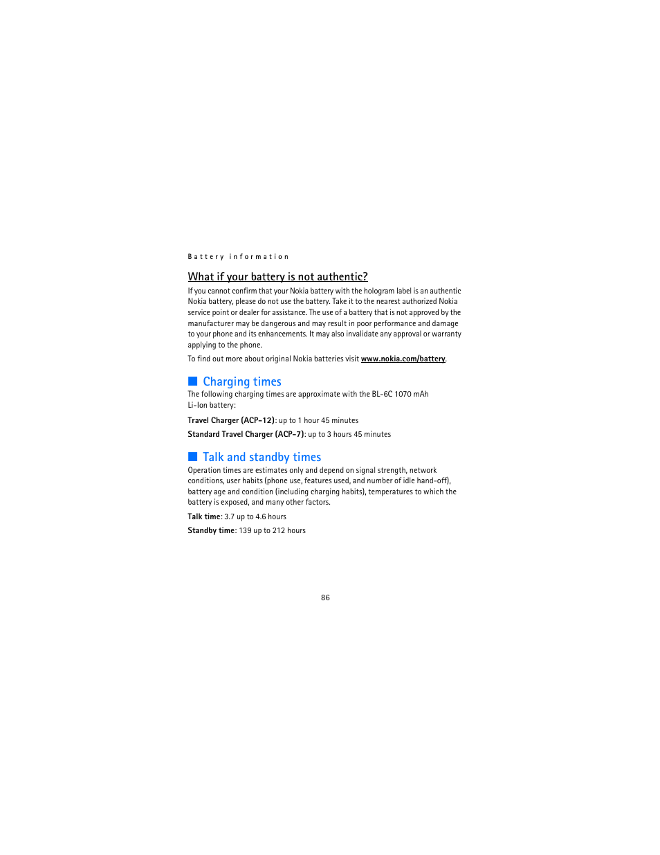 Charging times, Talk and standby times, What if your battery is not authentic | Nokia 2115i User Manual | Page 87 / 121