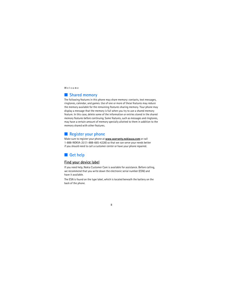 Shared memory, Register your phone, Get help | Nokia 2115i User Manual | Page 9 / 121