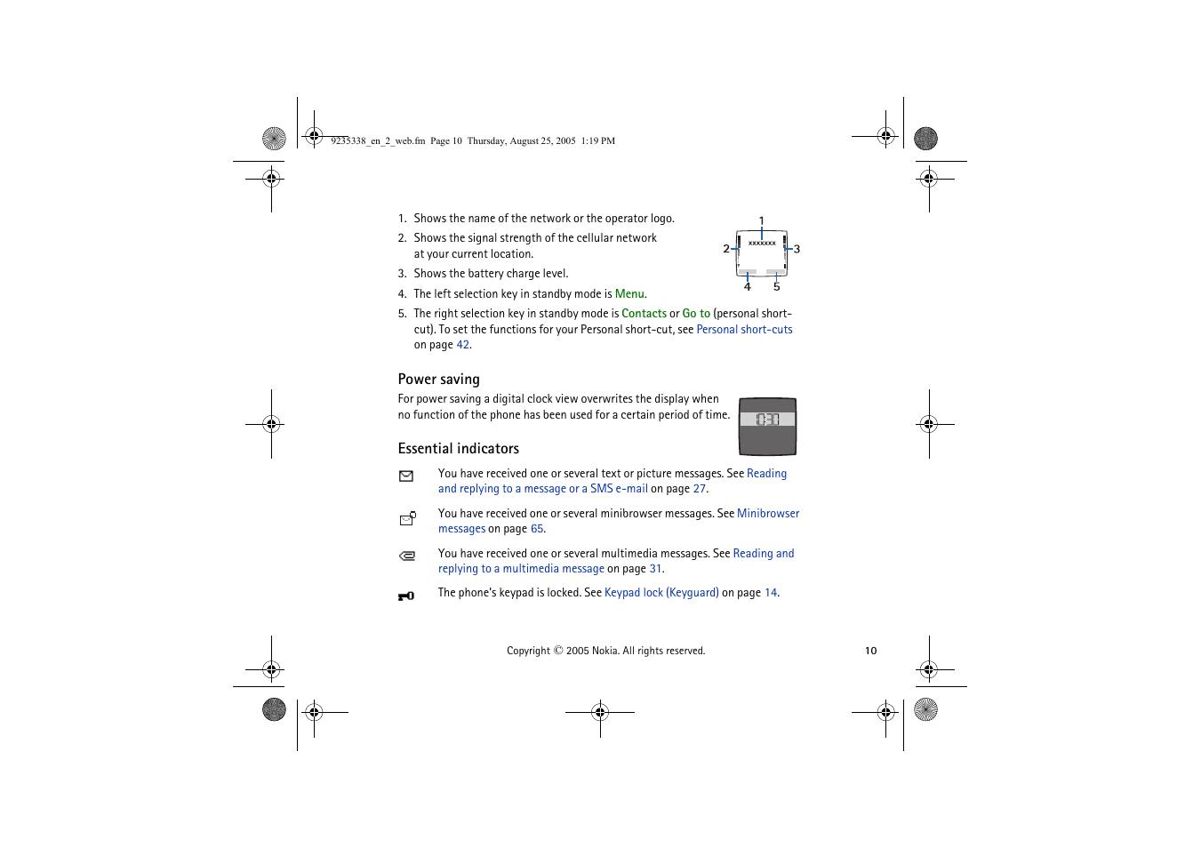 Power saving, Essential indicators | Nokia 3105 User Manual | Page 10 / 92