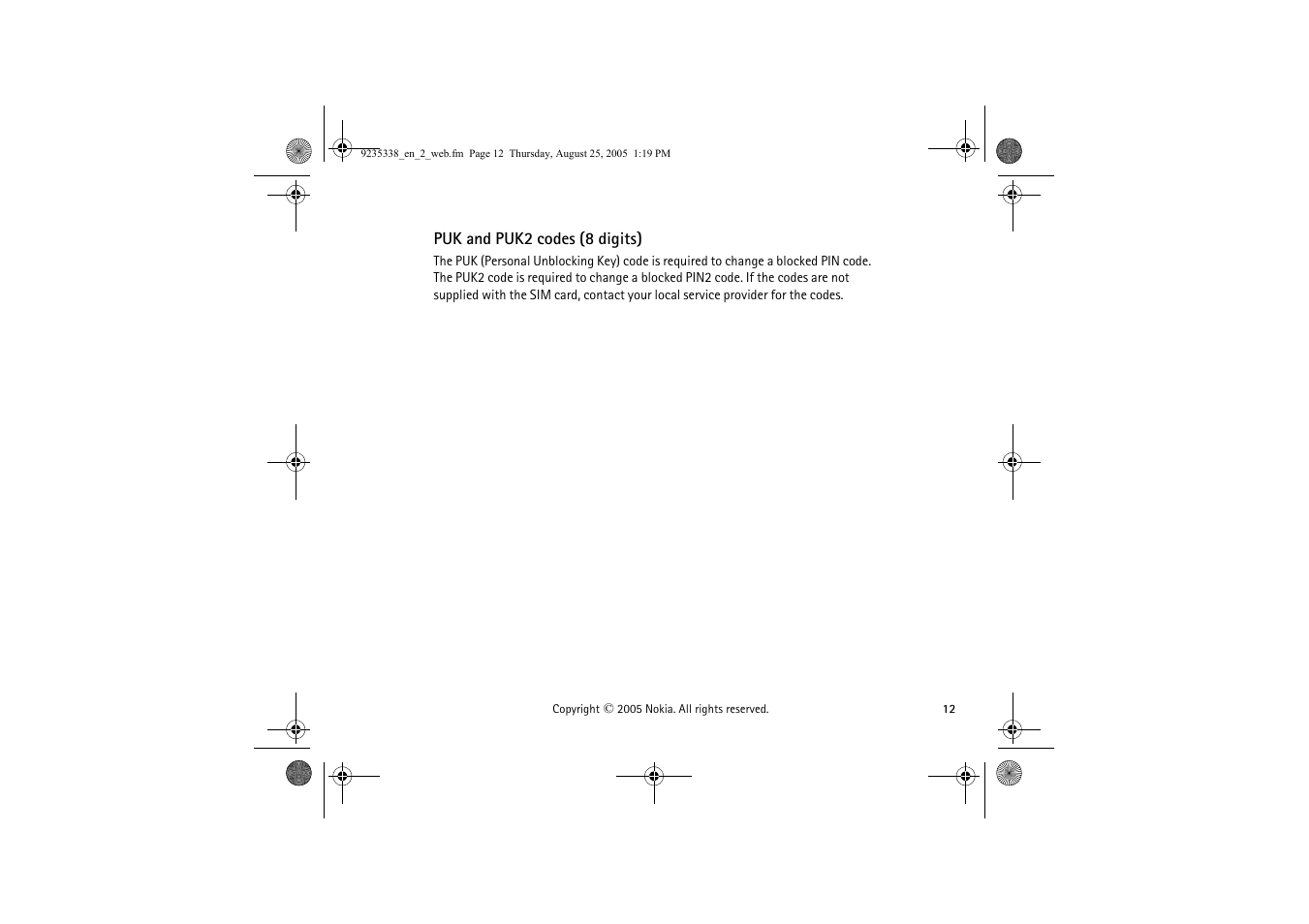 Puk and puk2 codes (8 digits) | Nokia 3105 User Manual | Page 12 / 92