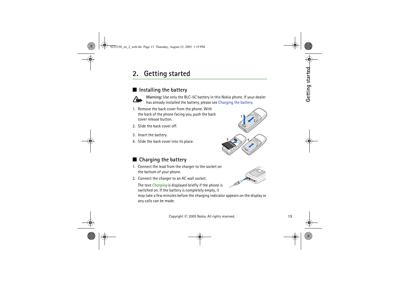 Getting started, Installing the battery, Charging the battery | Installing the battery charging the battery | Nokia 3105 User Manual | Page 13 / 92