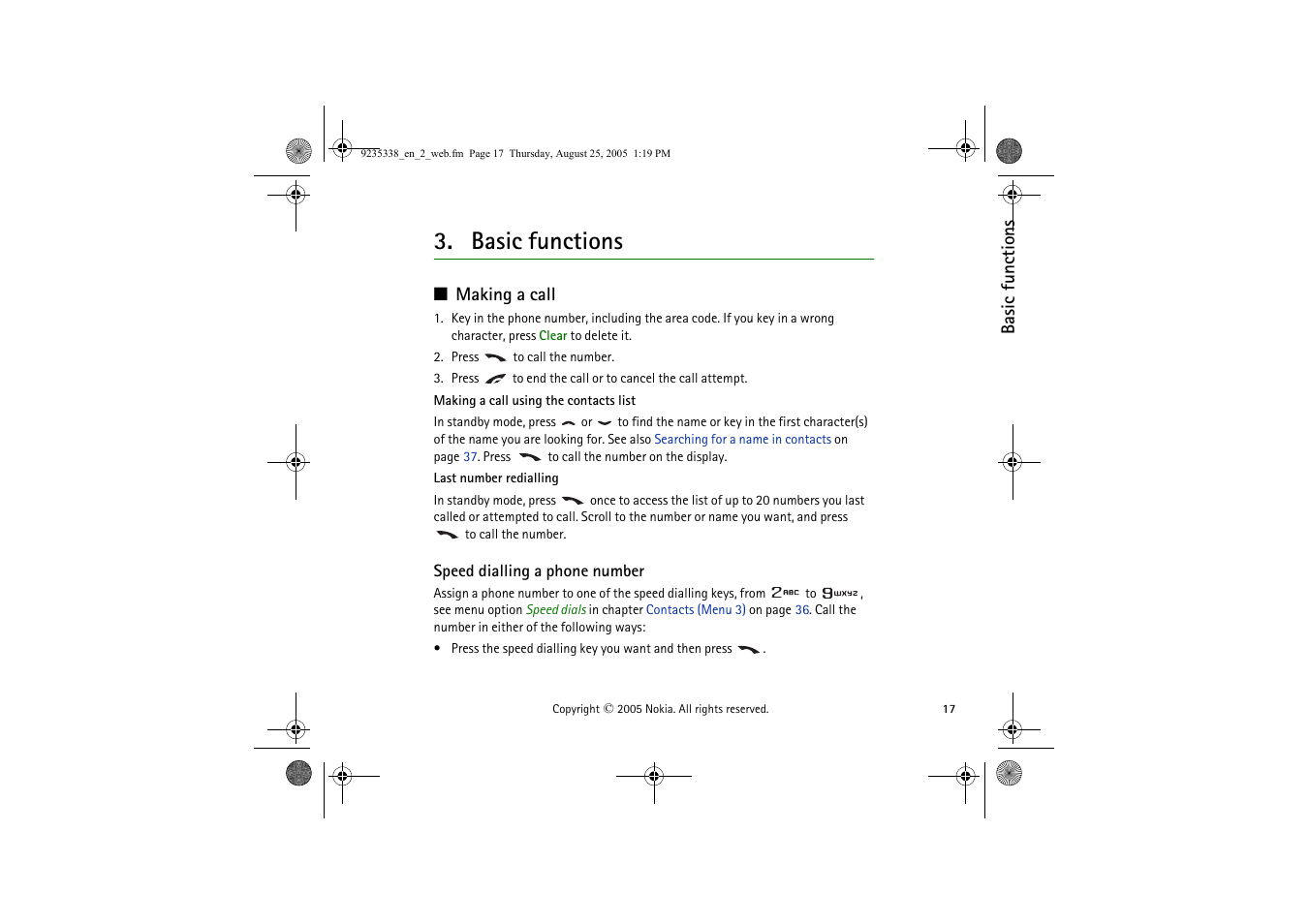 Basic functions, Making a call, Speed dialling a phone number | Nokia 3105 User Manual | Page 17 / 92