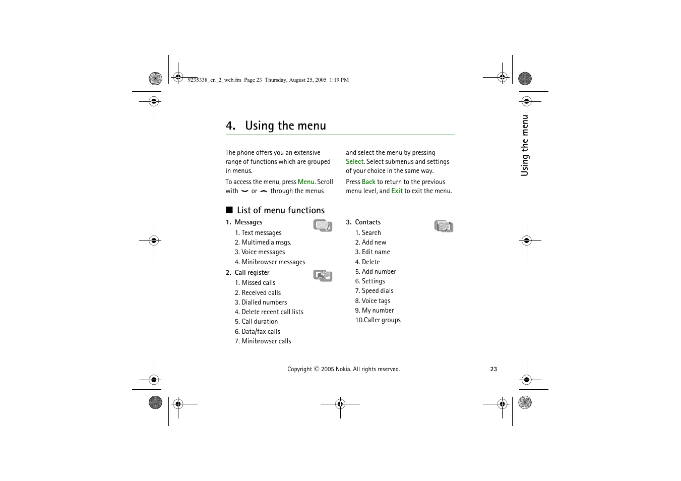 Using the menu, List of menu functions | Nokia 3105 User Manual | Page 23 / 92