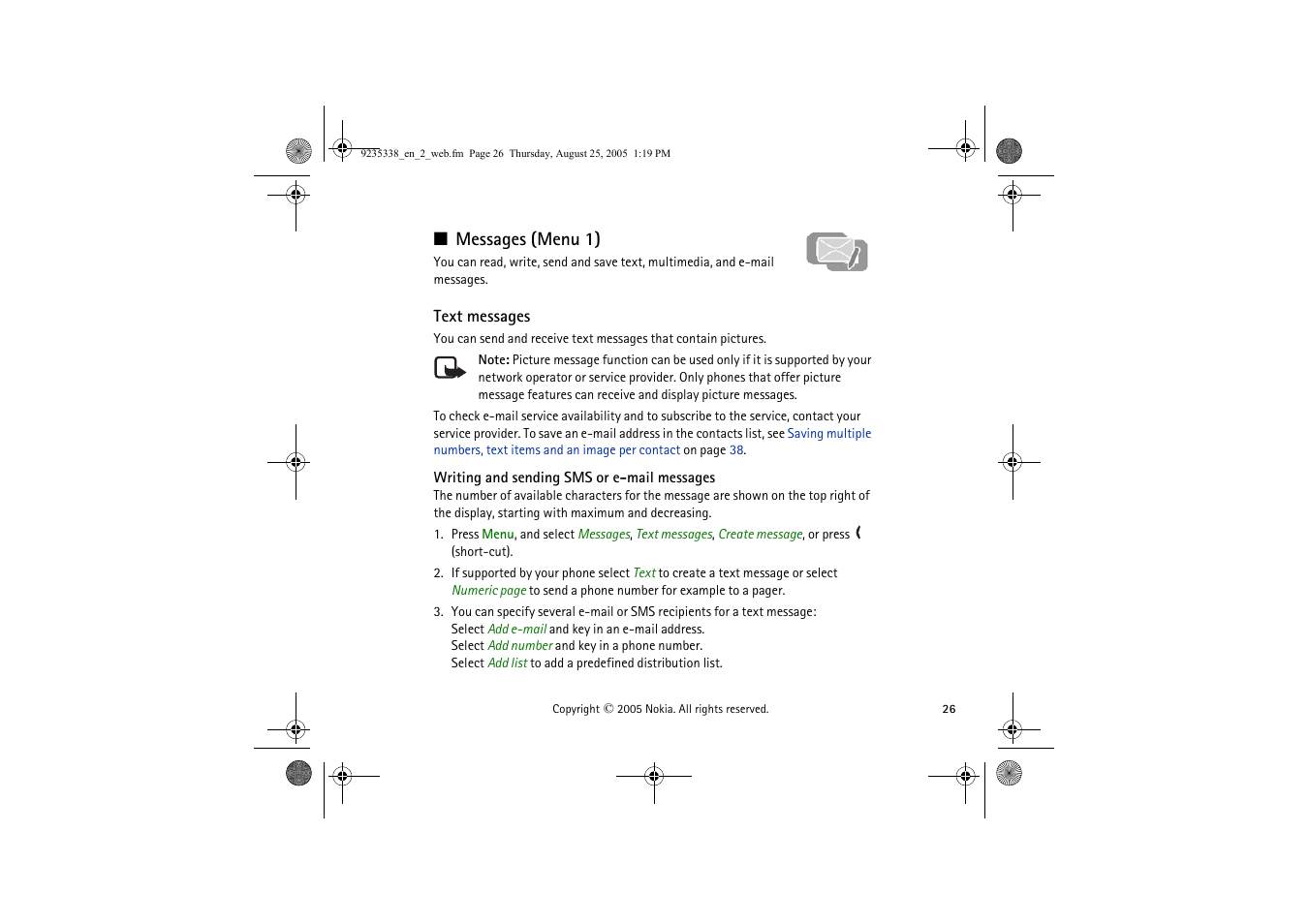 Messages (menu 1), Text messages, Writing and sending sms or e-mail messages | Nokia 3105 User Manual | Page 26 / 92