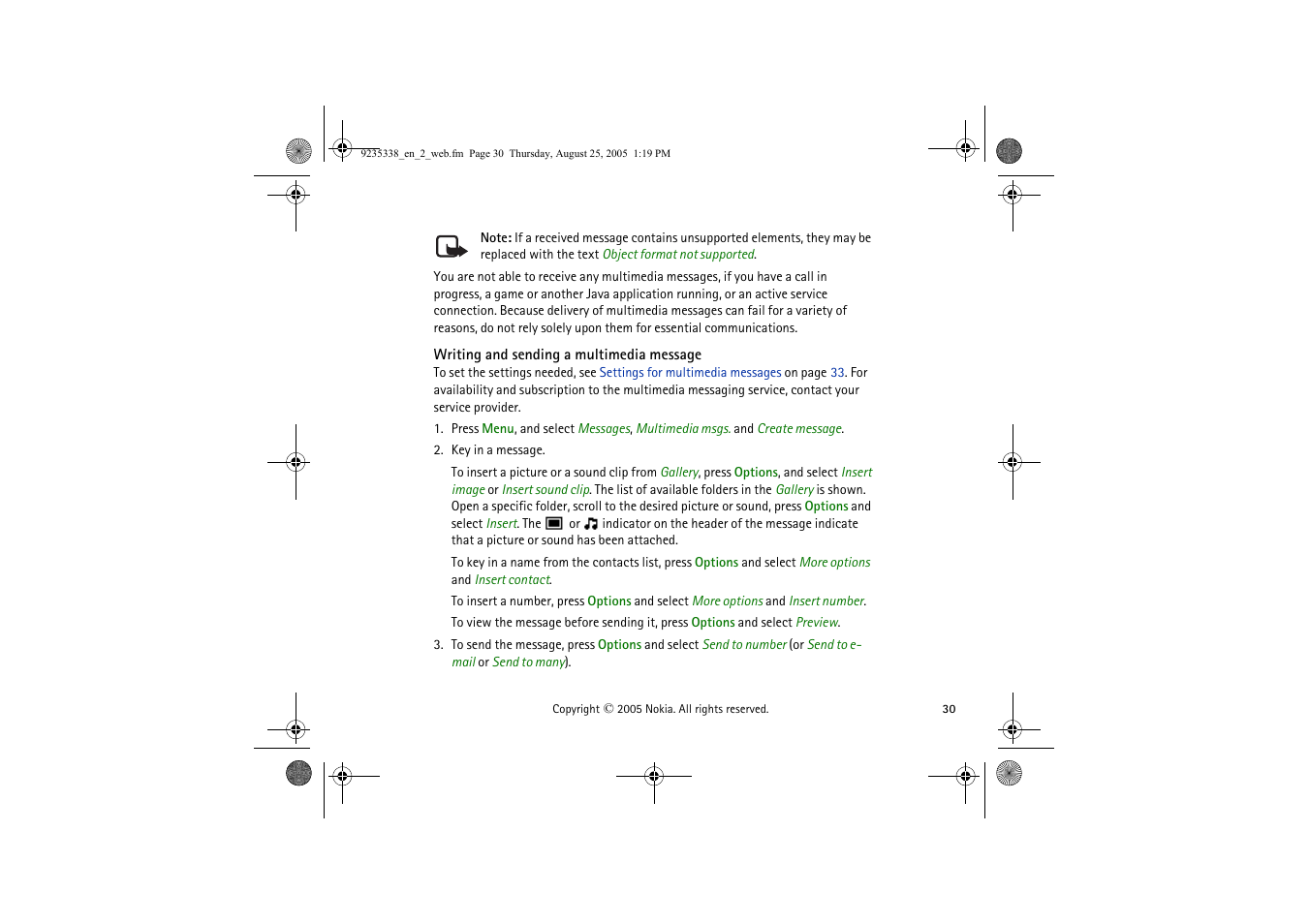 Writing and sending a multimedia message | Nokia 3105 User Manual | Page 30 / 92