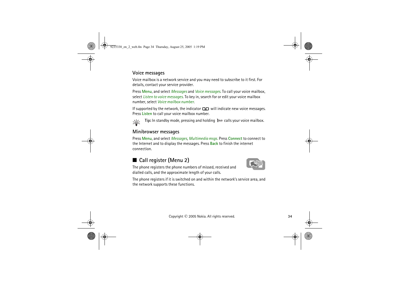 Voice messages, Minibrowser messages, Call register (menu 2) | Nokia 3105 User Manual | Page 34 / 92