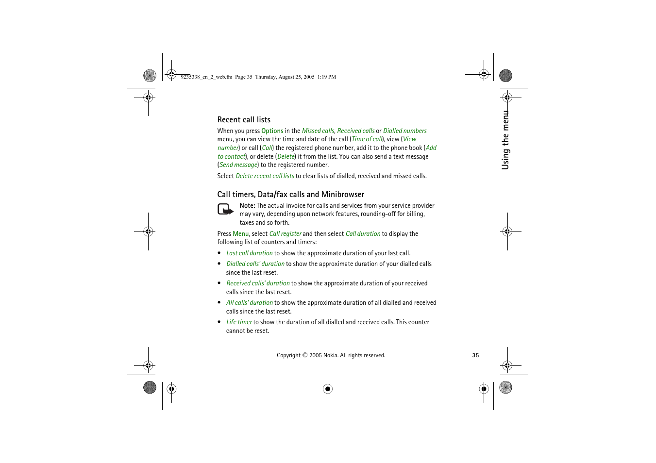 Recent call lists, Call timers, data/fax calls and minibrowser | Nokia 3105 User Manual | Page 35 / 92