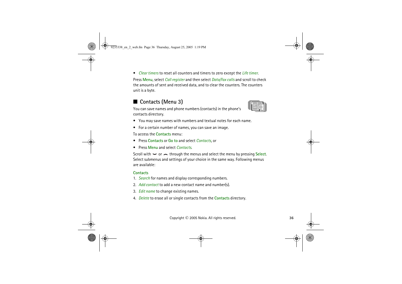 Contacts (menu 3), In chapter | Nokia 3105 User Manual | Page 36 / 92