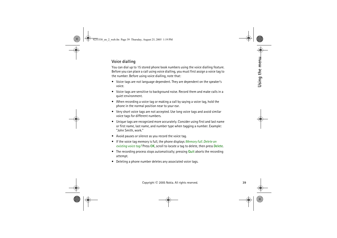 Voice dialling | Nokia 3105 User Manual | Page 39 / 92