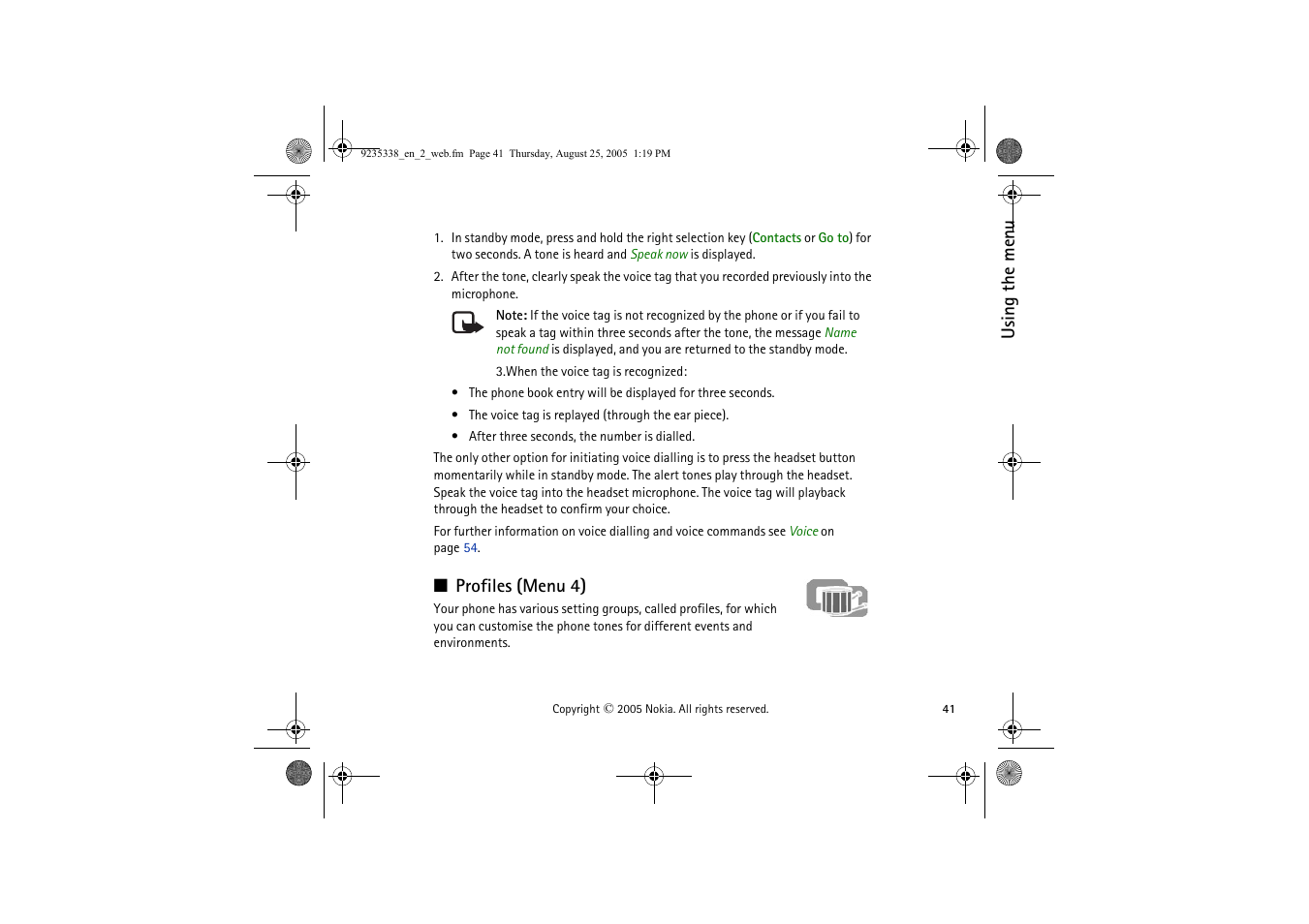 Profiles (menu 4) | Nokia 3105 User Manual | Page 41 / 92