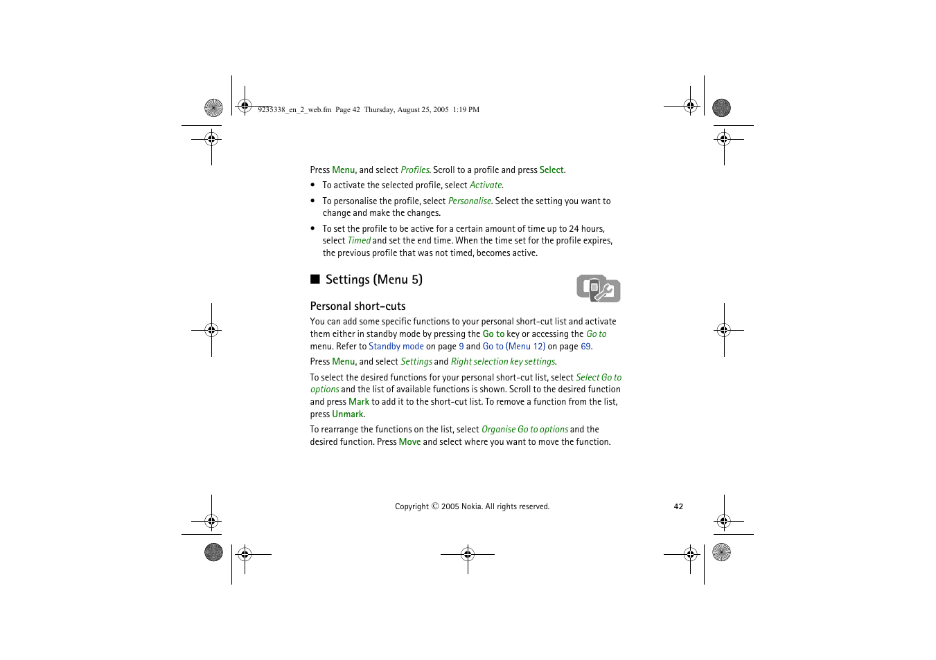 Settings (menu 5), Personal short-cuts | Nokia 3105 User Manual | Page 42 / 92