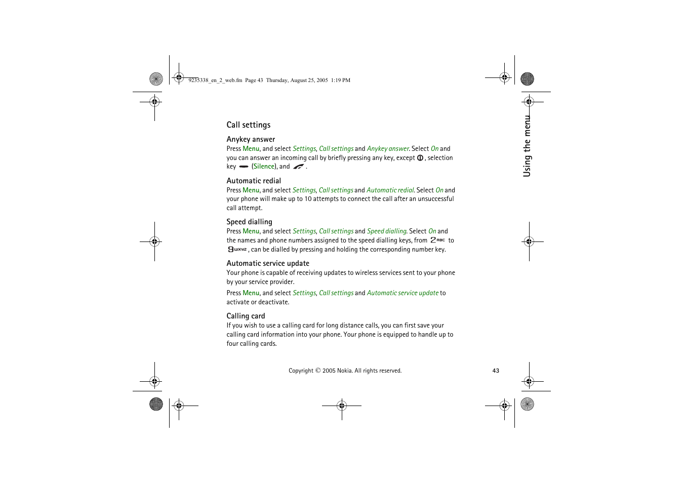 Call settings, Anykey answer, Automatic redial | Speed dialling, Automatic service update, Calling card, Started. see | Nokia 3105 User Manual | Page 43 / 92