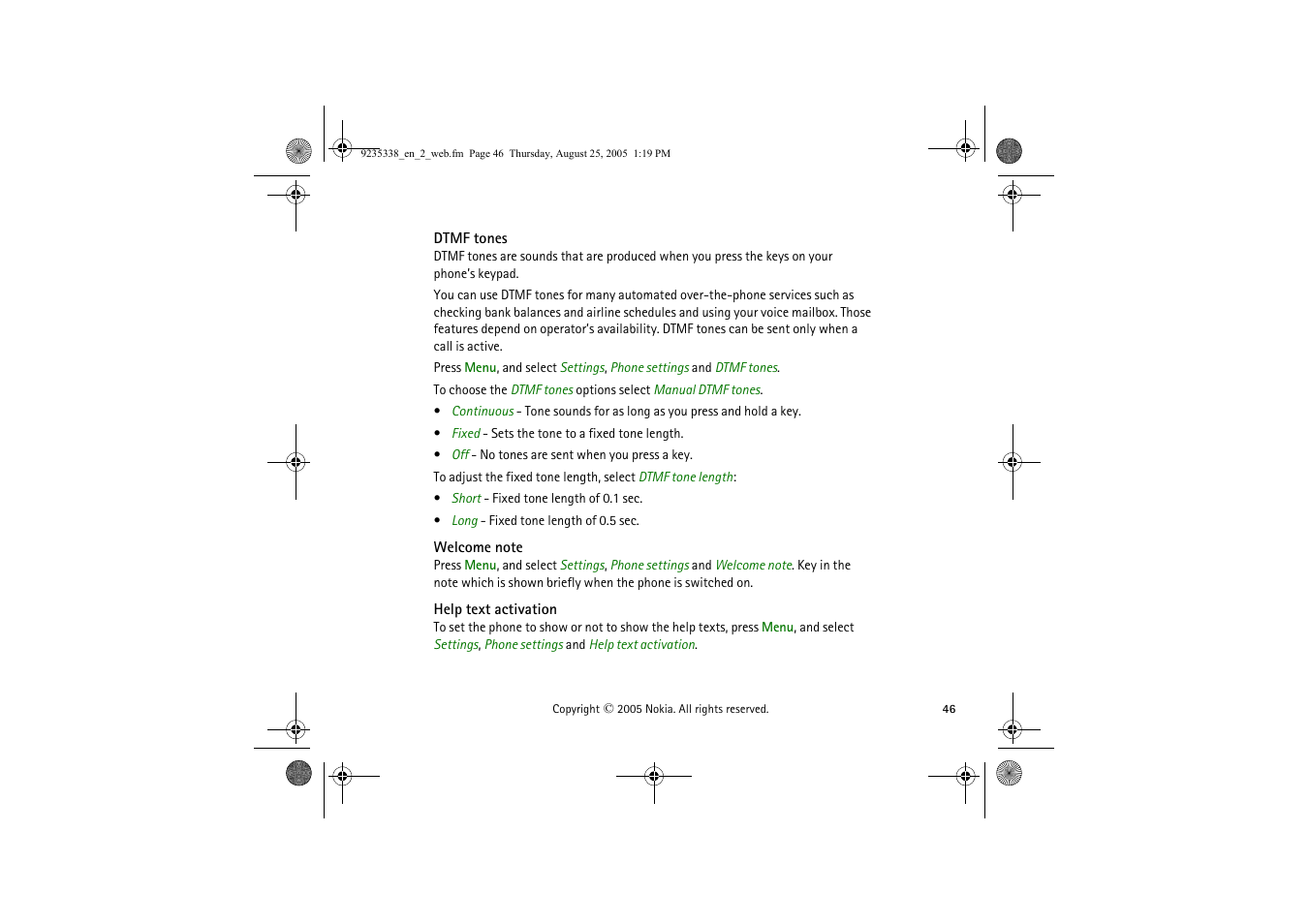 Dtmf, Welcome note, Help text activation | Nokia 3105 User Manual | Page 46 / 92