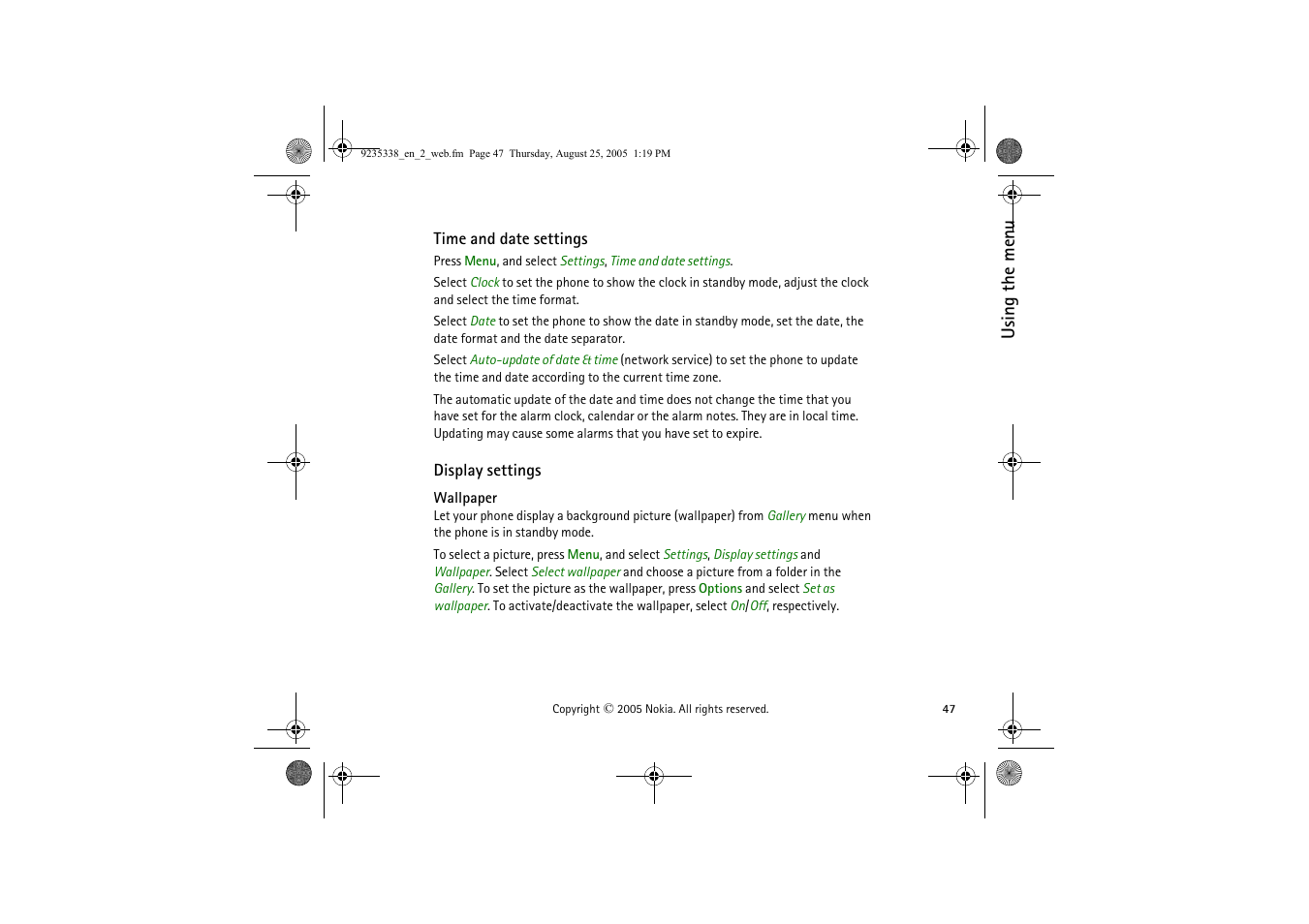 Time and date settings, Display settings, Wallpaper | Nokia 3105 User Manual | Page 47 / 92