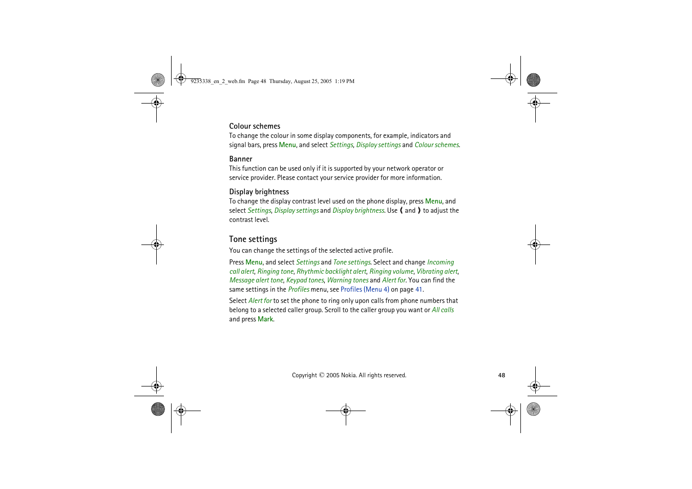 Colour schemes, Banner, Display brightness | Tone settings | Nokia 3105 User Manual | Page 48 / 92