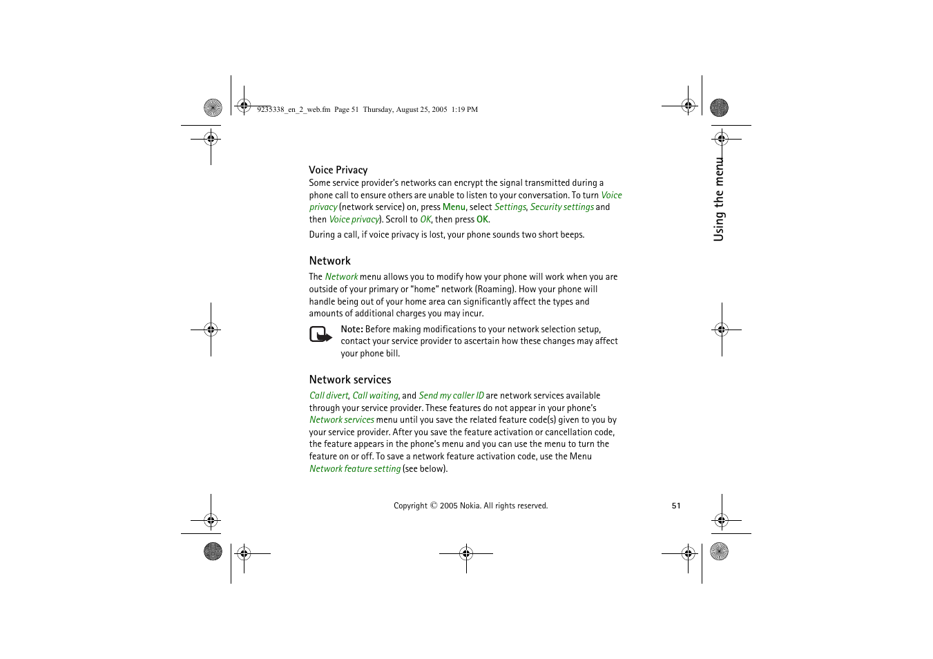 Voice privacy, Network, Network services | Nokia 3105 User Manual | Page 51 / 92