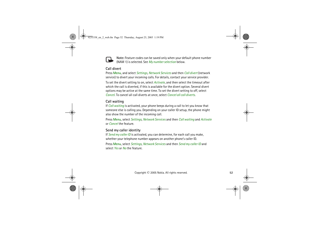 Call divert, Call waiting, Send my caller identity | Nokia 3105 User Manual | Page 52 / 92