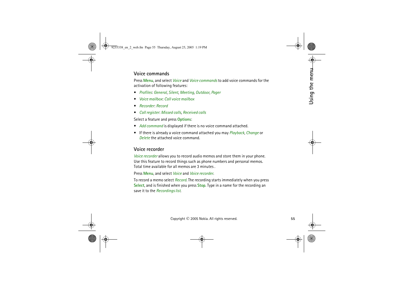 Voice commands, Voice recorder | Nokia 3105 User Manual | Page 55 / 92