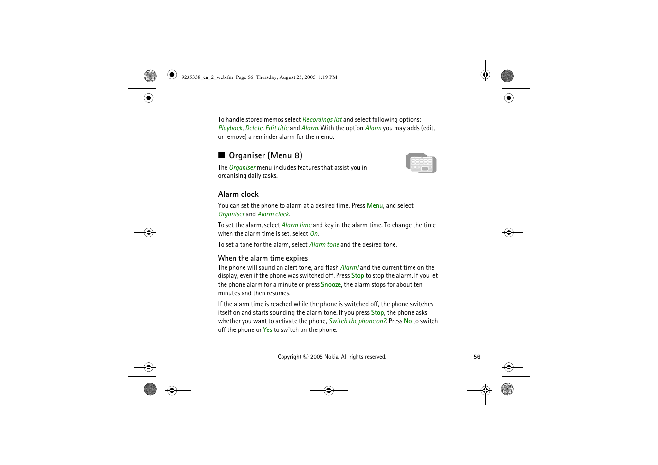 Organiser (menu 8), Alarm clock, When the alarm time expires | Nokia 3105 User Manual | Page 56 / 92