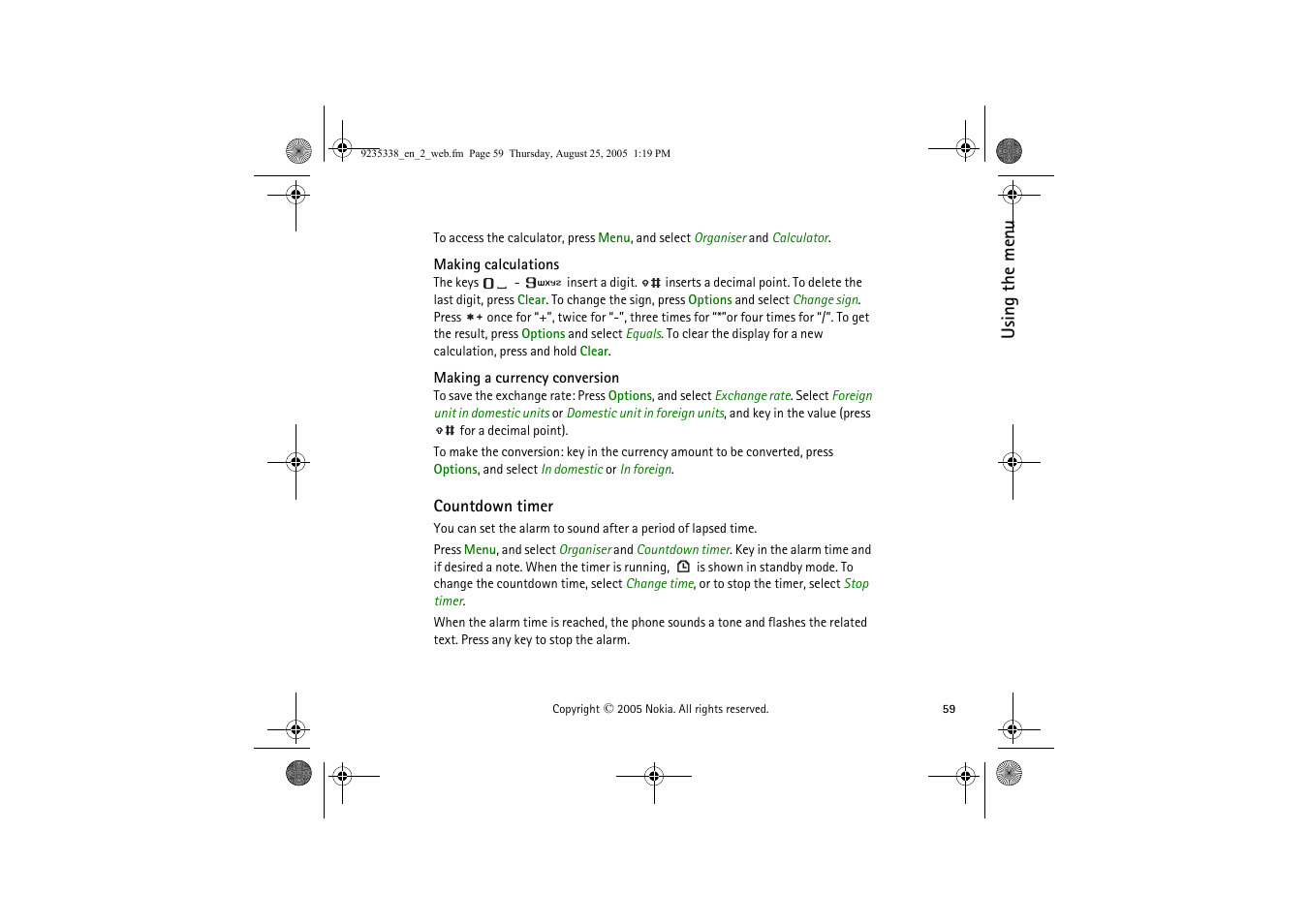 Making calculations, Making a currency conversion, Countdown timer | Nokia 3105 User Manual | Page 59 / 92