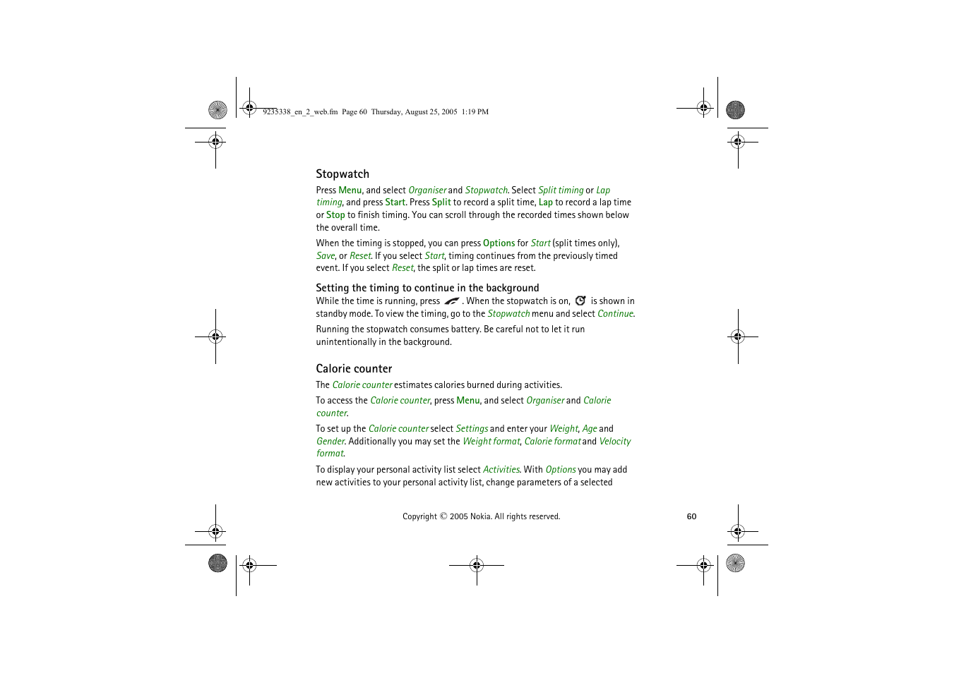 Stopwatch, Setting the timing to continue in the background, Calorie counter | Nokia 3105 User Manual | Page 60 / 92