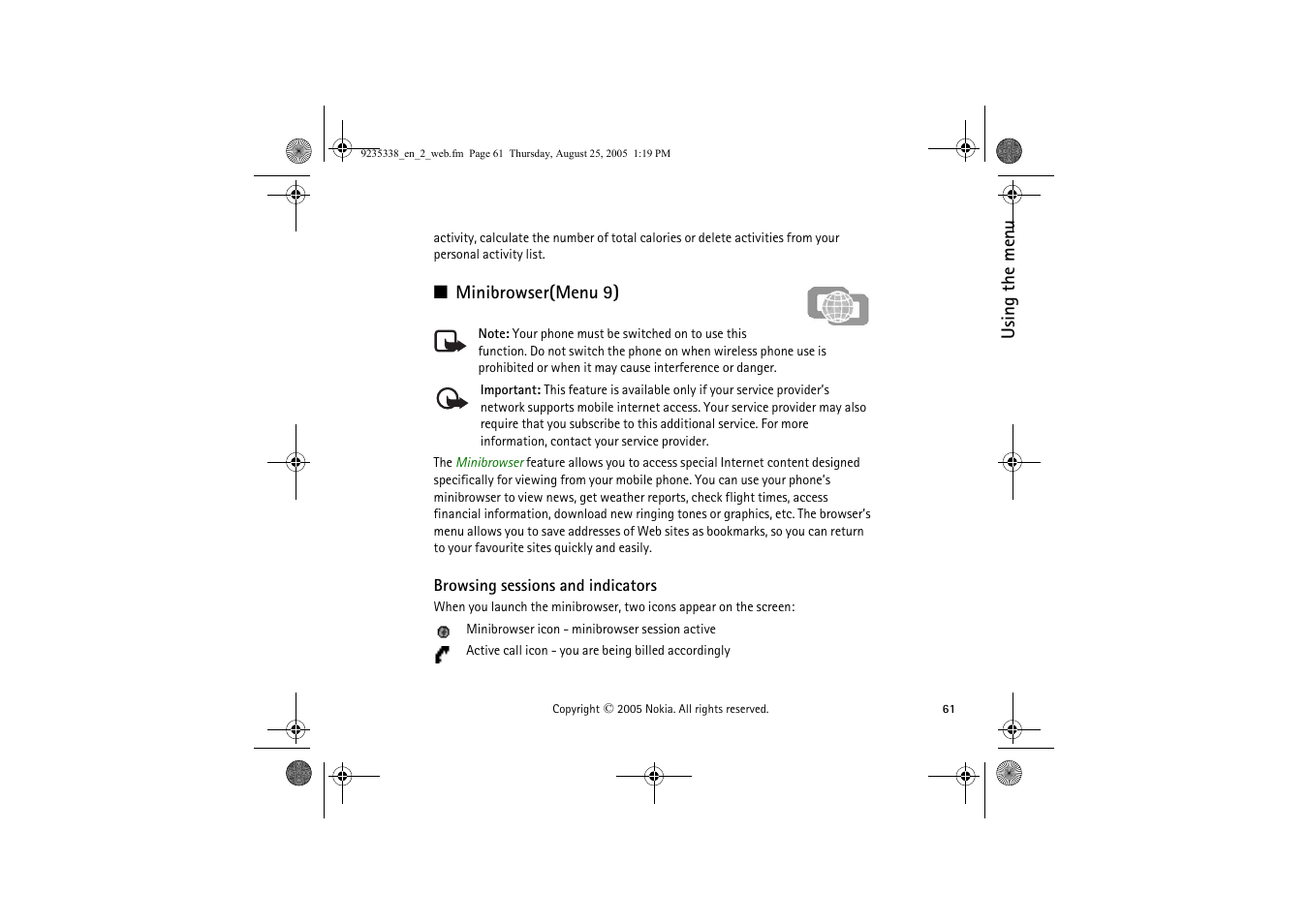 Minibrowser(menu 9), Browsing sessions and indicators | Nokia 3105 User Manual | Page 61 / 92