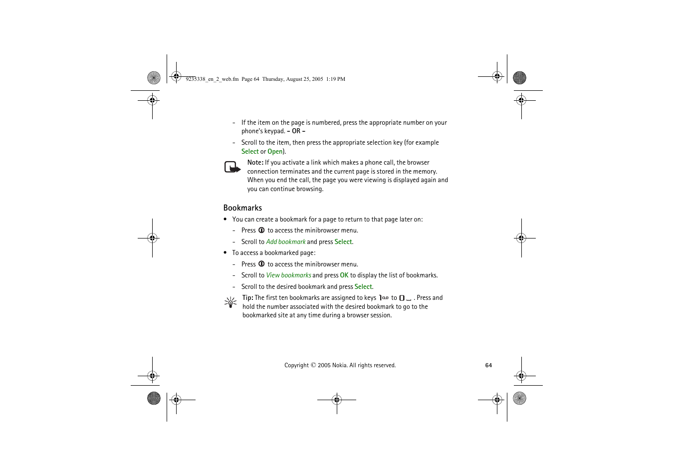 Bookmarks | Nokia 3105 User Manual | Page 64 / 92