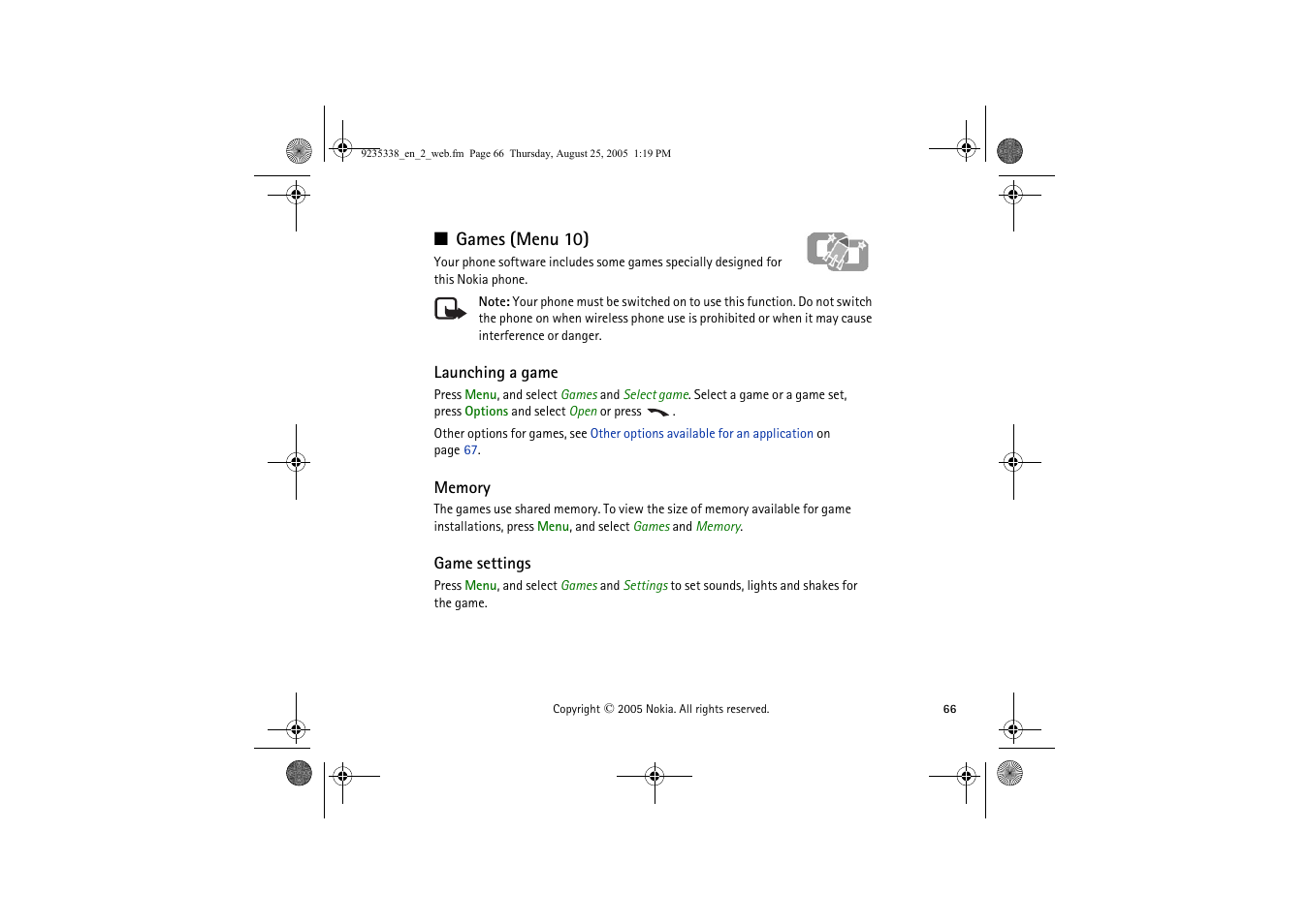 Games (menu 10), Launching a game, Memory | Game settings | Nokia 3105 User Manual | Page 66 / 92
