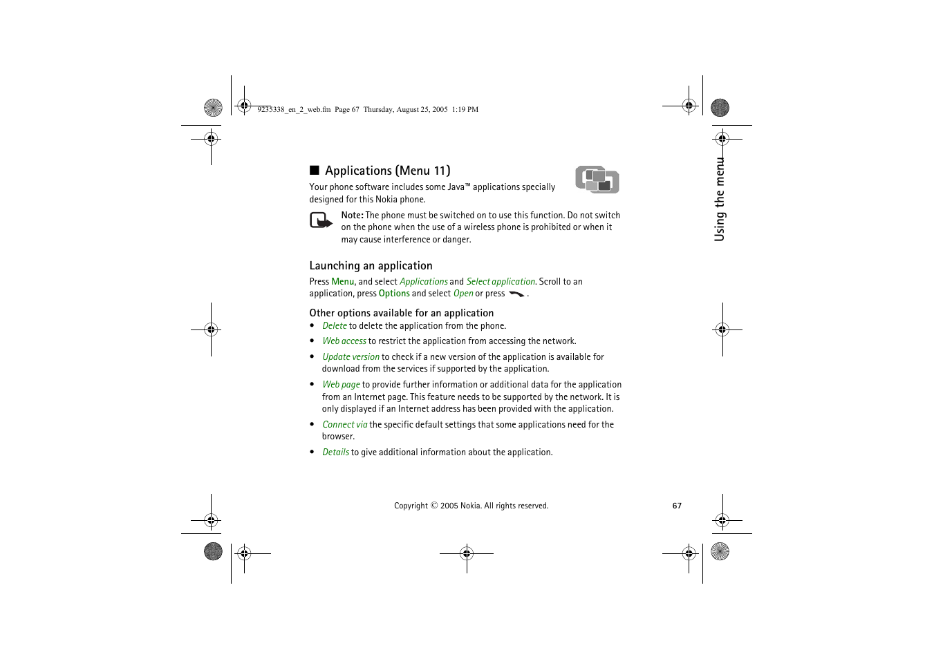 Applications (menu 11), Launching an application, Other options available for an application | Nokia 3105 User Manual | Page 67 / 92