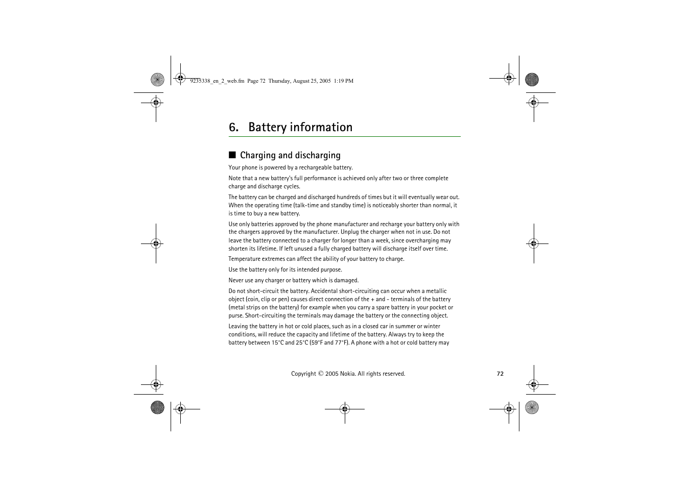 Battery information, Charging and discharging | Nokia 3105 User Manual | Page 72 / 92