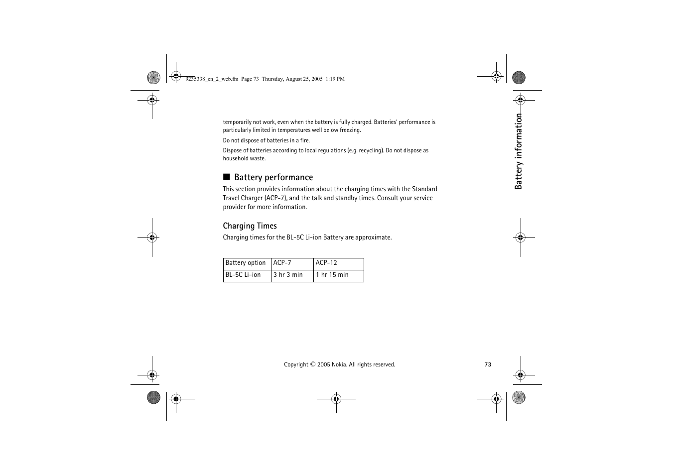 Battery performance, Charging times | Nokia 3105 User Manual | Page 73 / 92