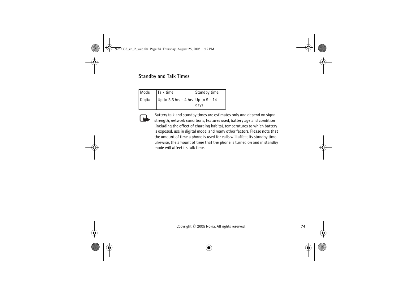 Standby and talk times | Nokia 3105 User Manual | Page 74 / 92