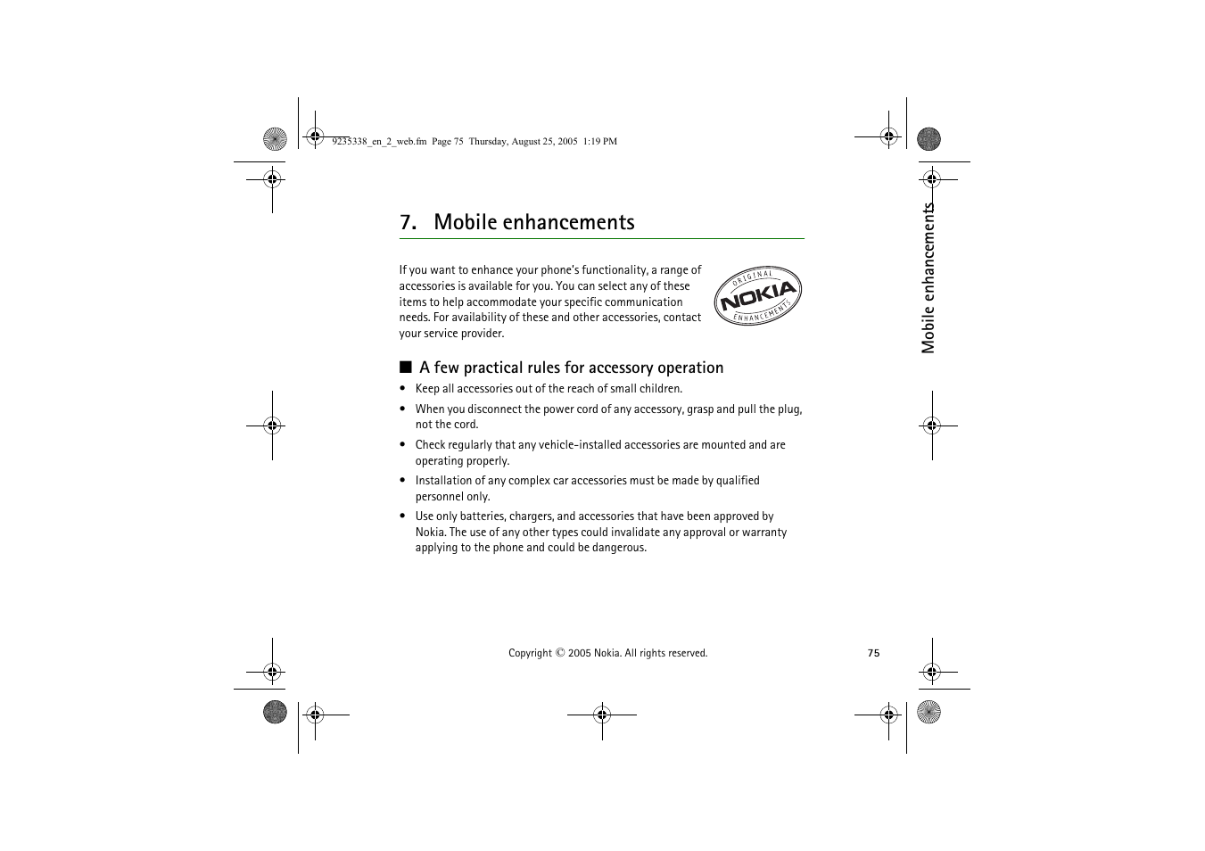Mobile enhancements, A few practical rules for accessory operation | Nokia 3105 User Manual | Page 75 / 92