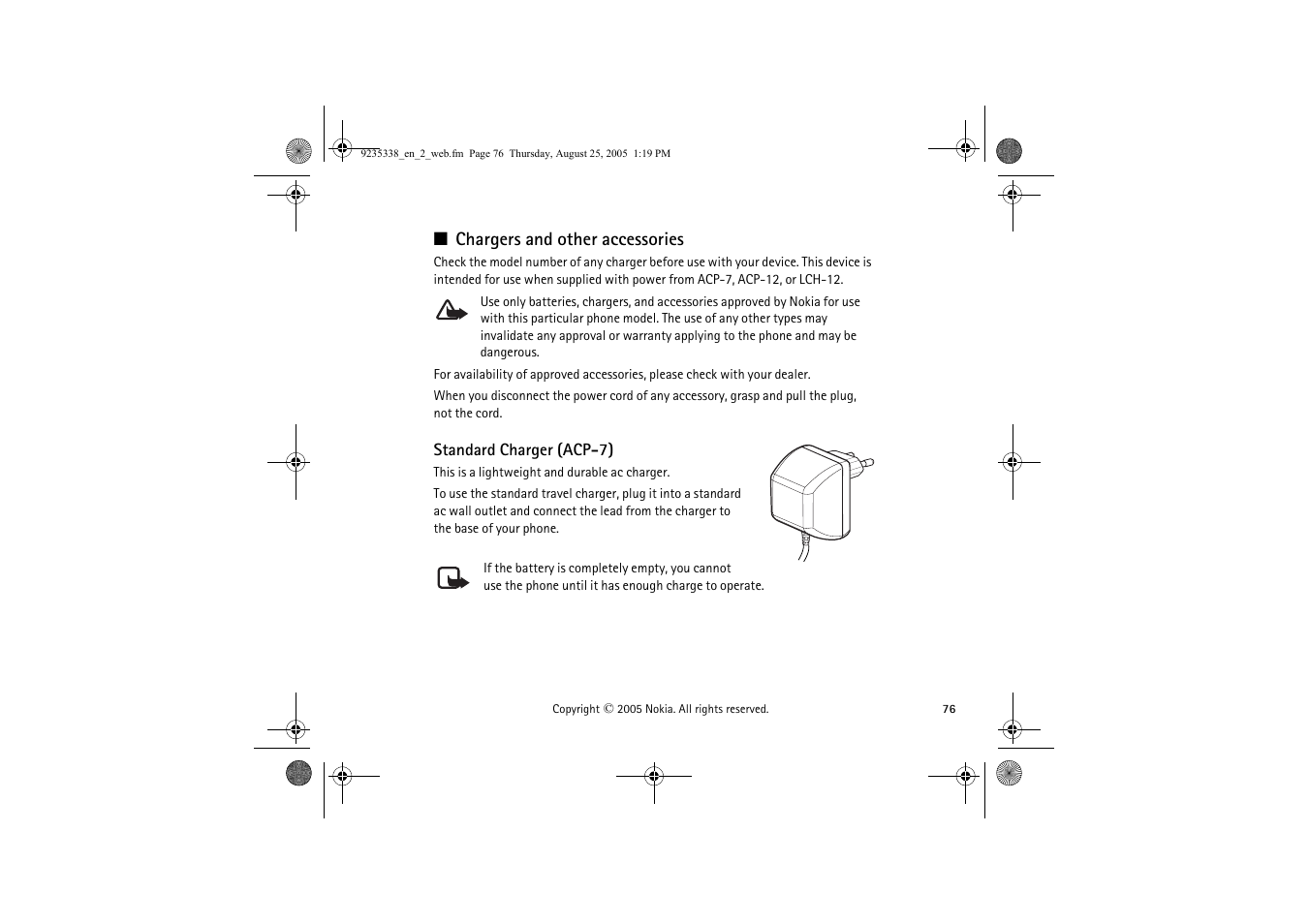 Chargers and other accessories, Standard charger (acp-7) | Nokia 3105 User Manual | Page 76 / 92