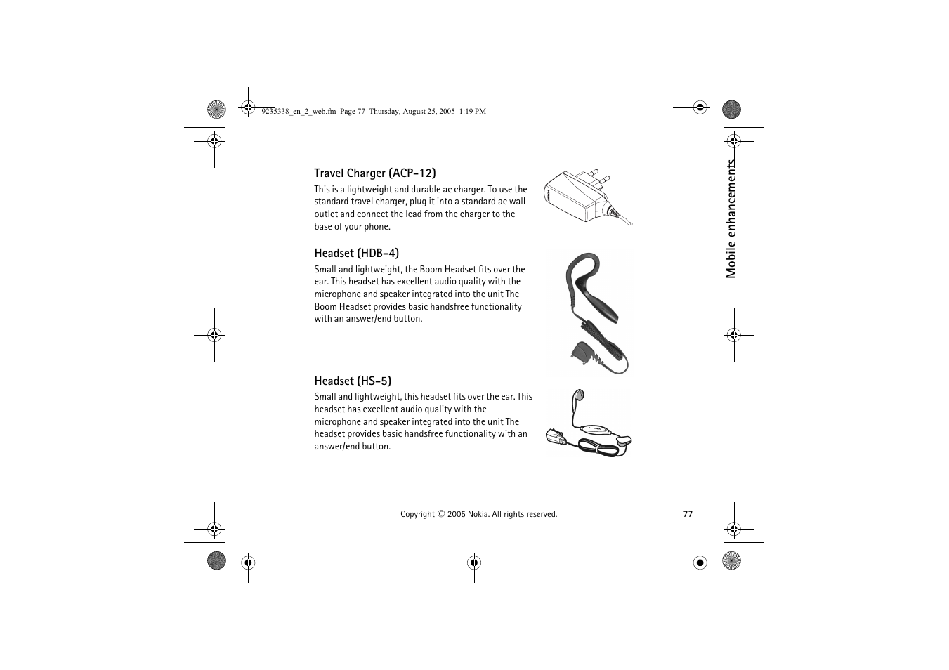 Travel charger (acp-12), Headset (hdb-4), Headset (hs-5) | Nokia 3105 User Manual | Page 77 / 92