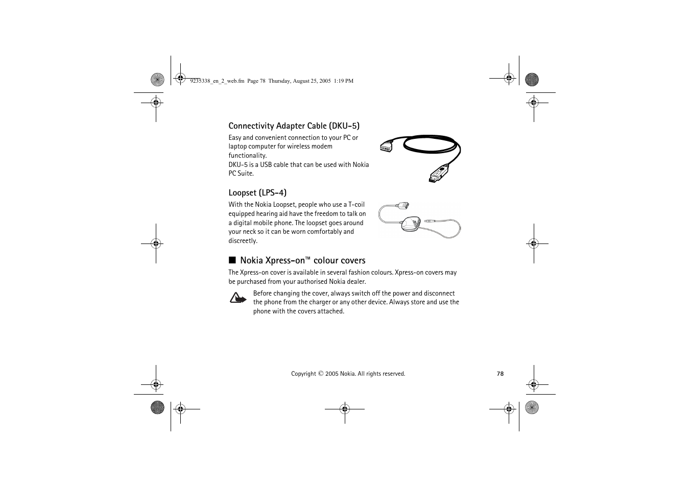 Connectivity adapter cable (dku-5), Loopset (lps-4), Nokia xpress-on™ colour covers | Nokia 3105 User Manual | Page 78 / 92