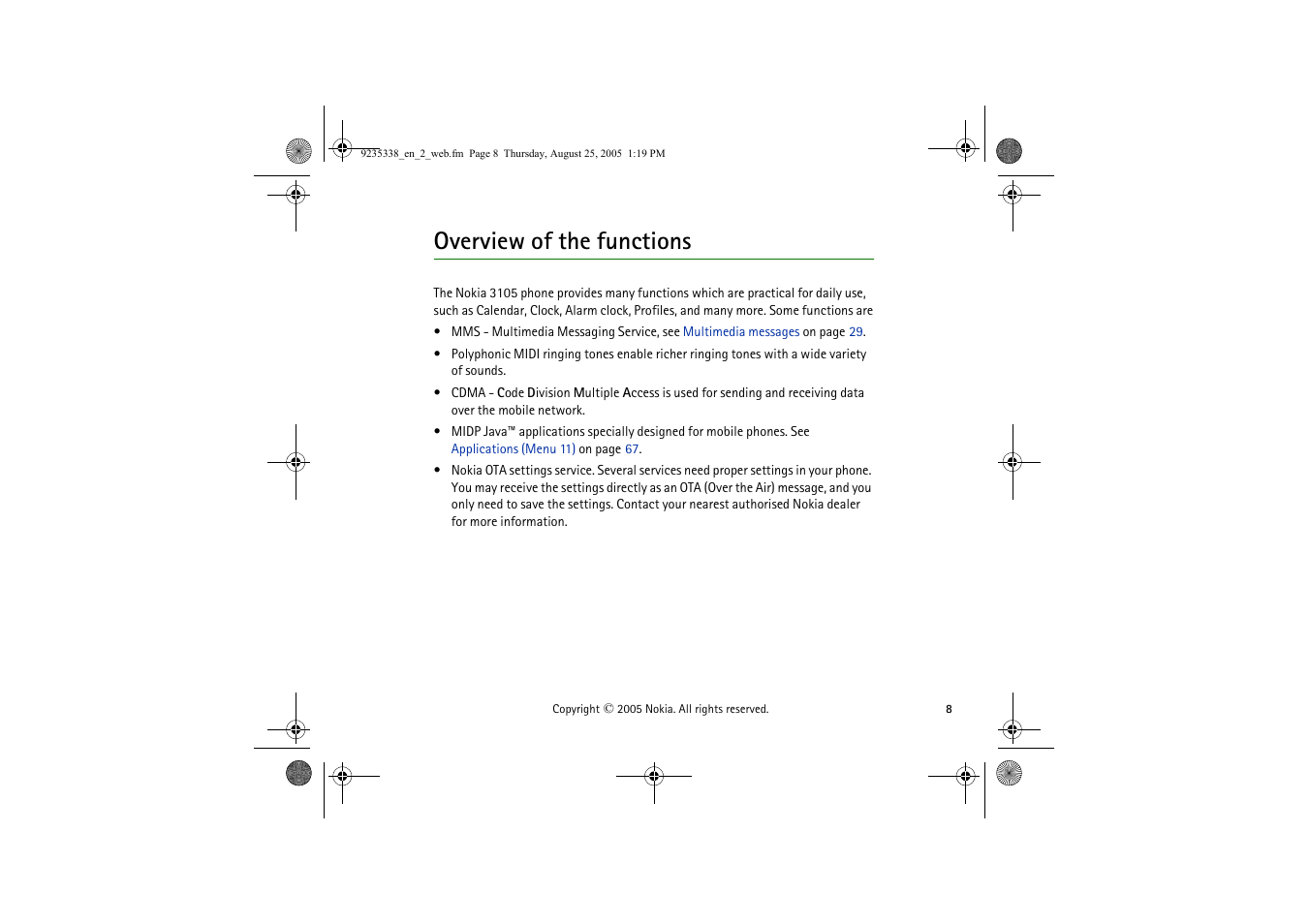 Overview of the functions | Nokia 3105 User Manual | Page 8 / 92