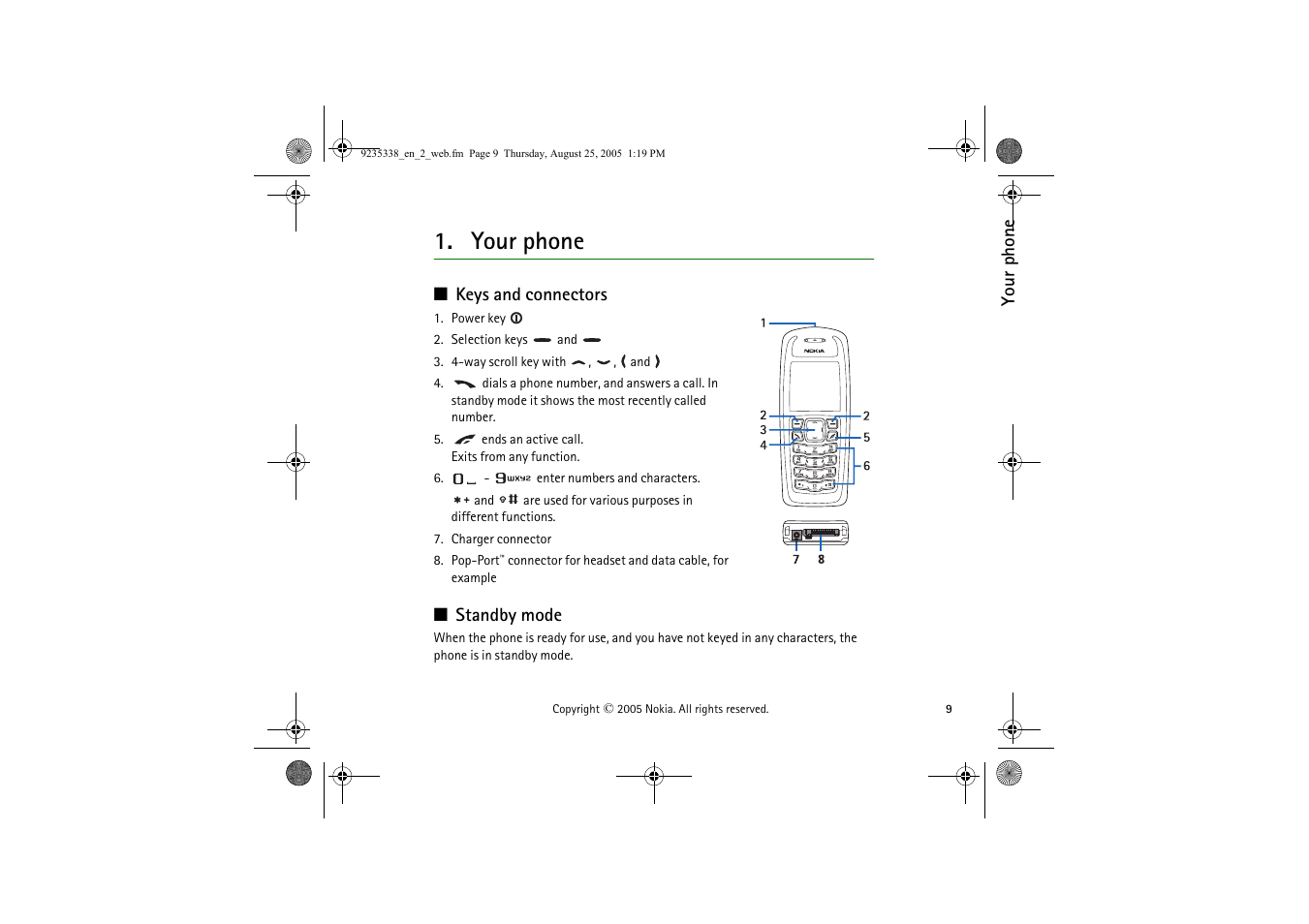 Your phone, Keys and connectors, Standby mode | Keys and connectors standby mode | Nokia 3105 User Manual | Page 9 / 92