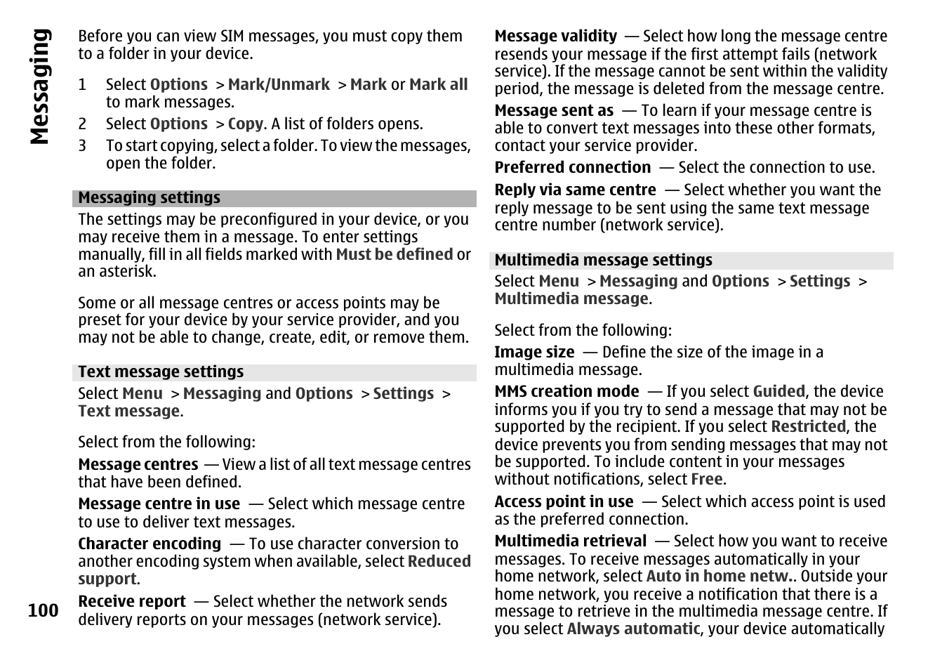 Messaging settings, Text message settings, Multimedia message settings | Messaging | Nokia MOBILE PHONE N86 User Manual | Page 100 / 159