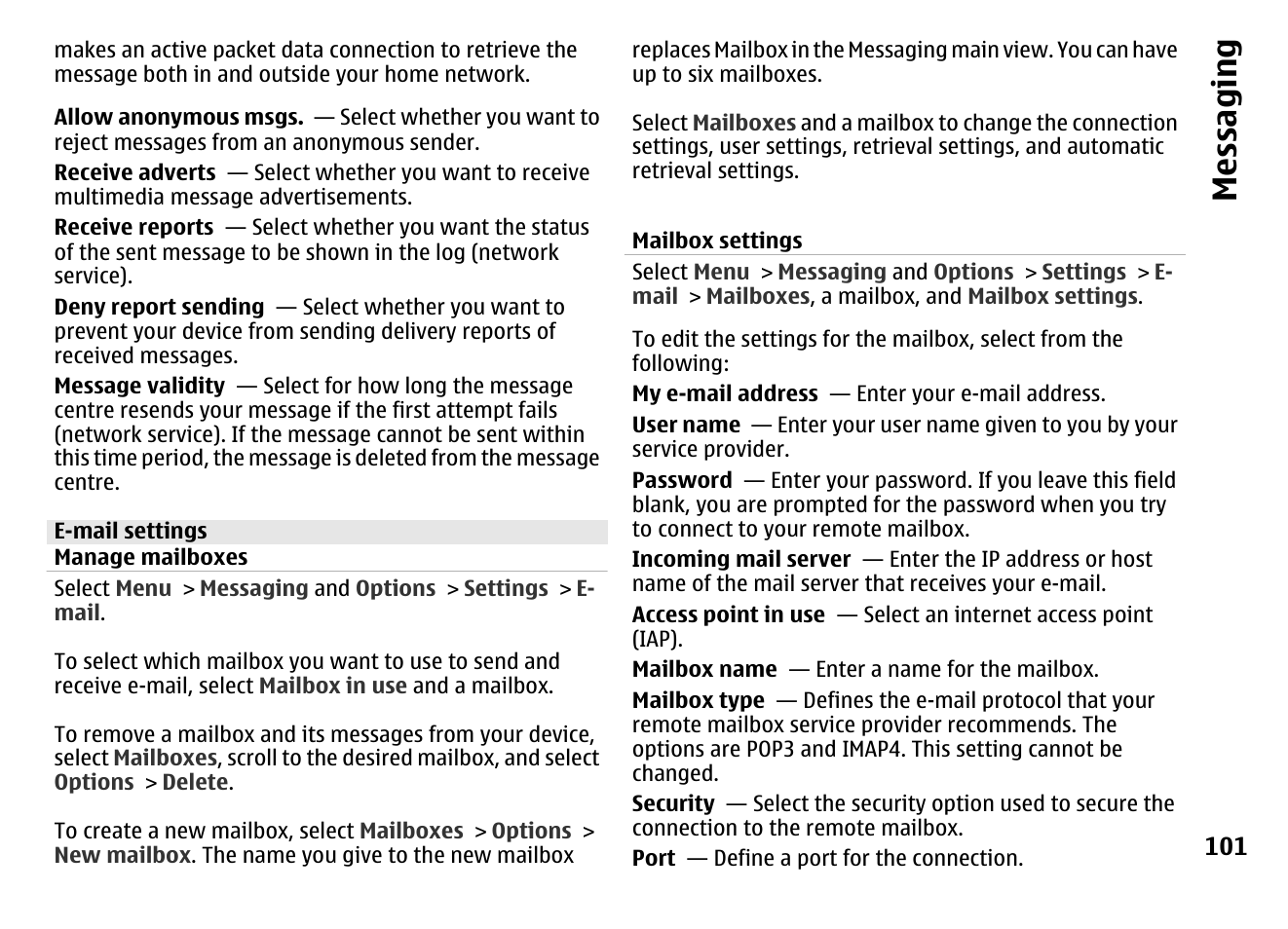 E-mail settings, Manage mailboxes, Mailbox settings | Messaging | Nokia MOBILE PHONE N86 User Manual | Page 101 / 159